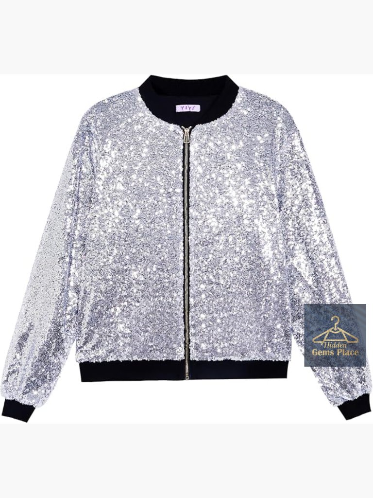 Sequin Bomber Jacket Sparkly Varsity Glitter Lightweight Party Coat Outwear